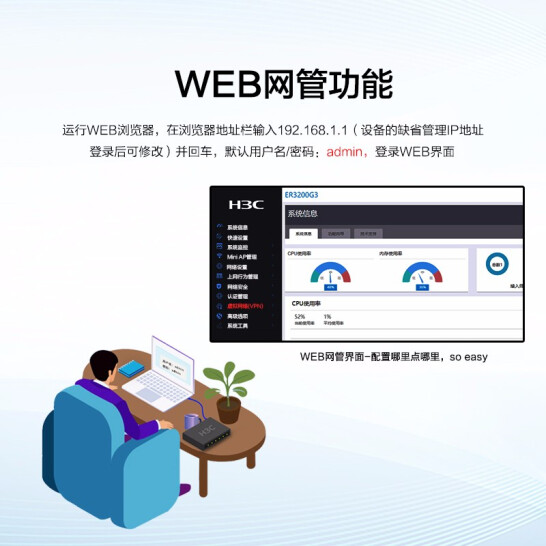 华三（H3C）8口全千兆企业级VPN路由器 带机量150-200 ER3208G3